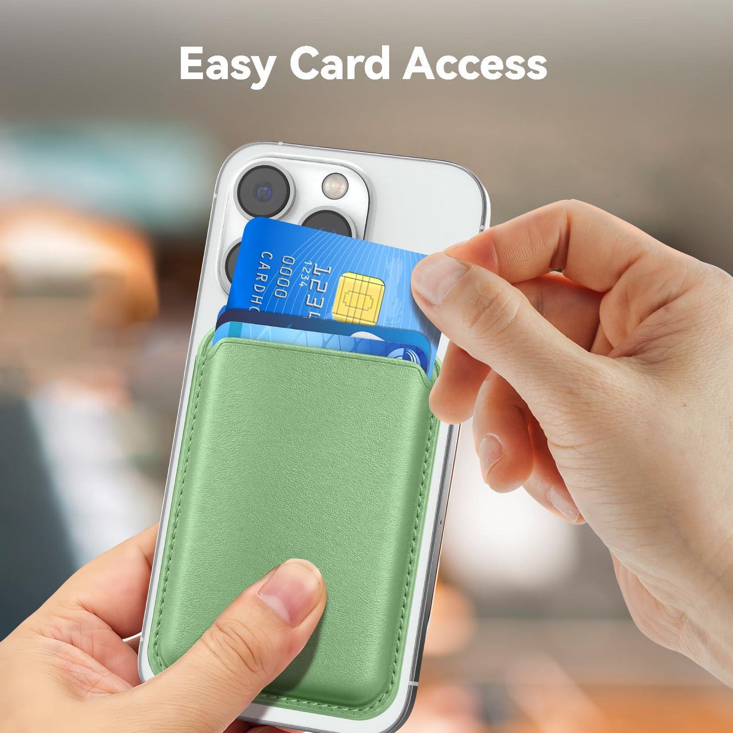 KRTALS Stronger Magnetic RFID Leather Mag-Safe Card Holder for iPhone 17 Series, Mag-Safe Accessories Stick on Series of iPhone 17/16/15/14/13/12 and Pro/Promax, Light Green