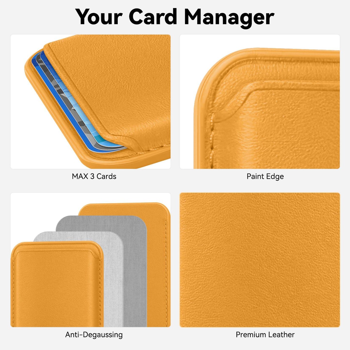 KRTALS Magnetic Mag-safe Wallet Cell Phone Card Holder for iPhone 15 Series, Stronger Magnetic RFID Leather Phone Wallet Stick on Series of iPhone 17/16/15/14/13/12 Pro/Promax, Yellow