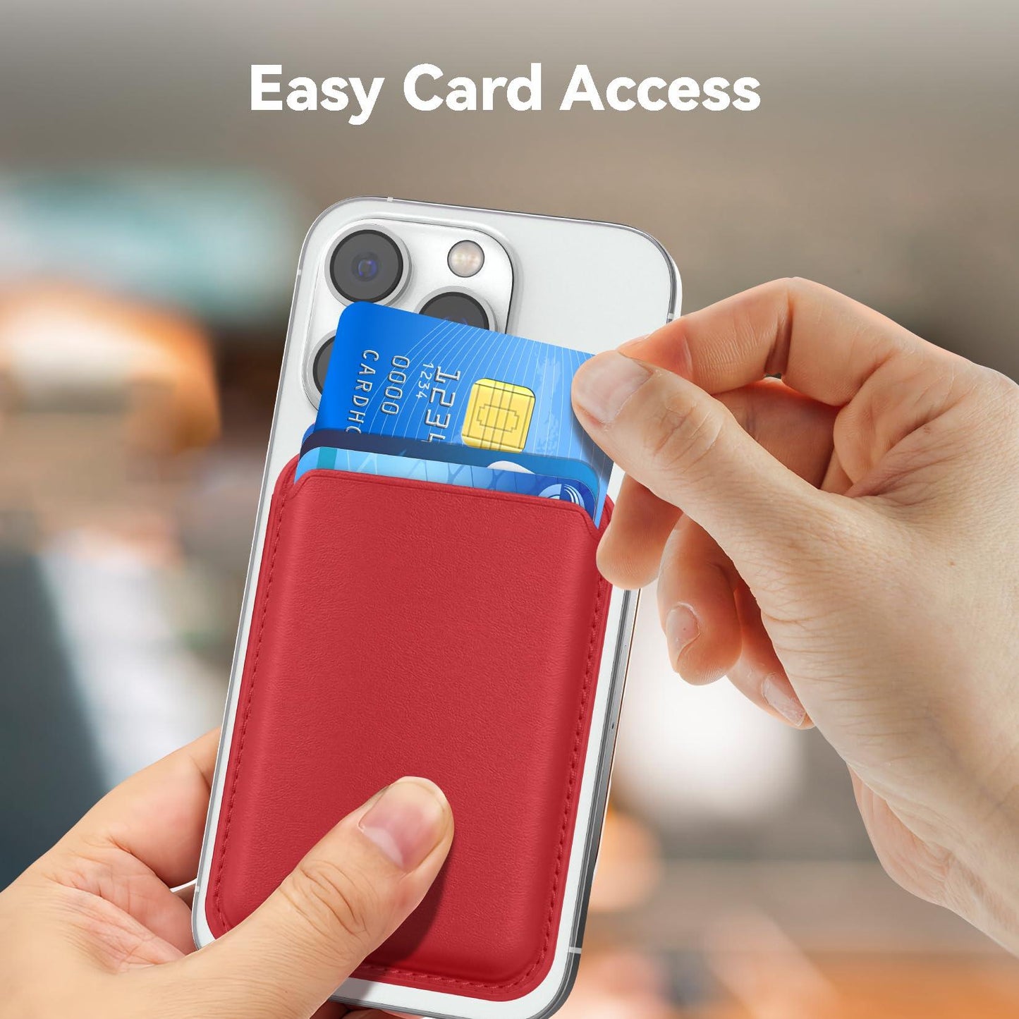 KRTALS Stronger Magnetic RFID Leather Mag-Safe Card Holder for iPhone 16 Series, Mag-Safe Accessories Stick on Series of iPhone 17/16/15/14/13/12 and Pro/Promax, Red